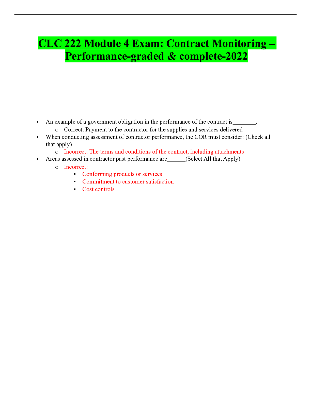Preview of CLC 222 Module 4 Exam: Contract Monitoring – Performance-graded & complete-2022